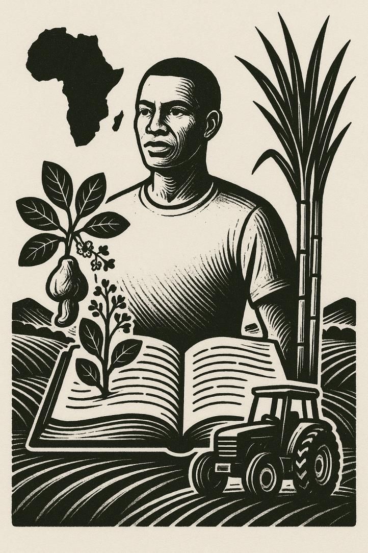 Woodcut of a farmer with cashew and sugarcane