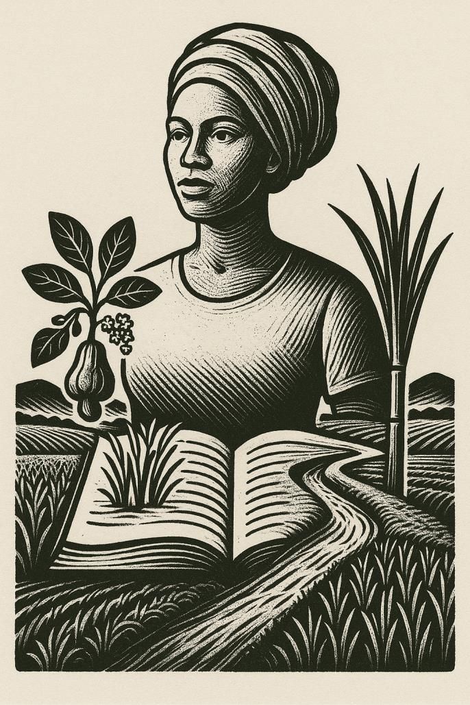 Woodcut of a woman farmer with cashew, rice, sugarcane, an open book and a path through fields