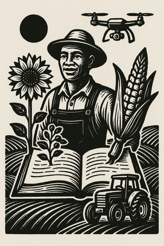Woodcut of a smiling farmer in a hat with sunflower, maize, a drone, an open book and a tractor